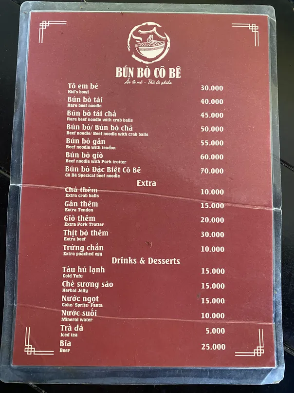 Bun Bo Co Be Da Lat menu 3
