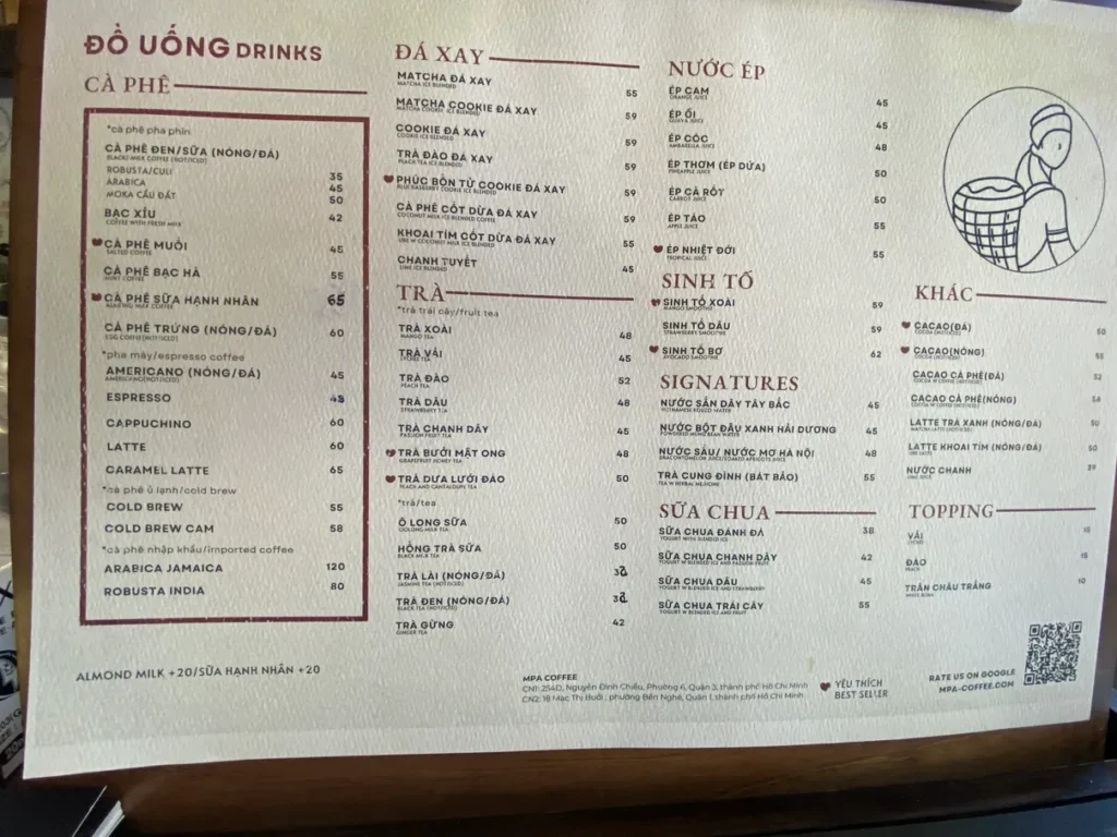 Menu quán MPA Coffee Nguyễn Đình Chiểu