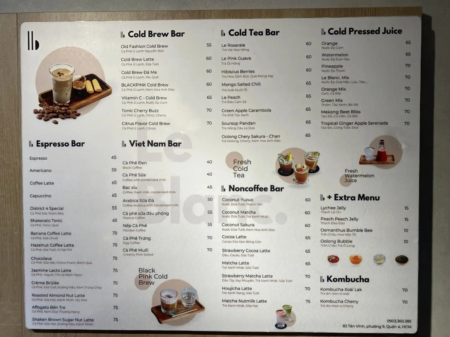 Menu quán Le Blanc.Coffee & Space quận 4