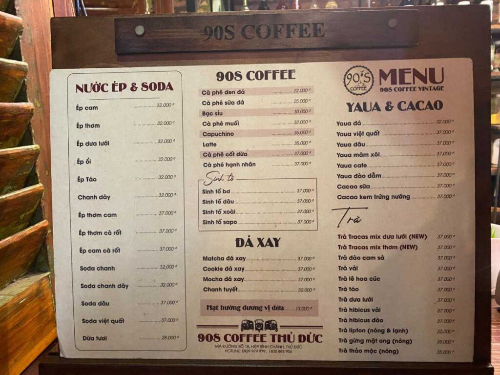 Cafe 90S Vintage menu