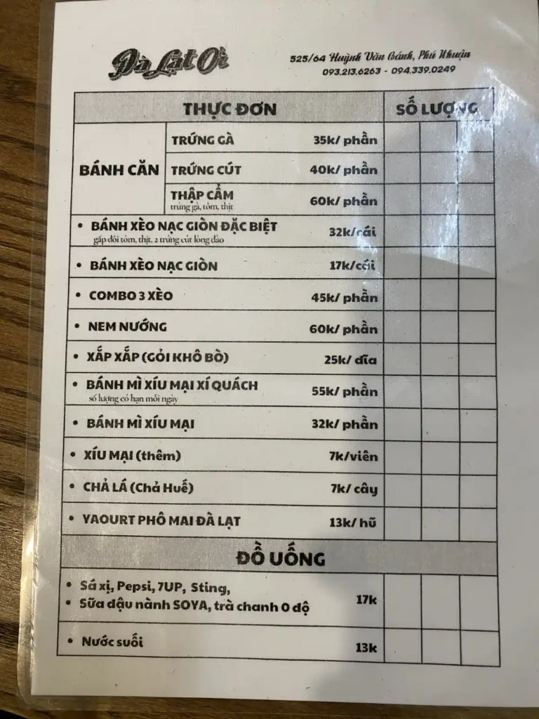 Menu quán Bánh căn - bánh xèo Đà Lạt Ơi tại Phú Nhuận