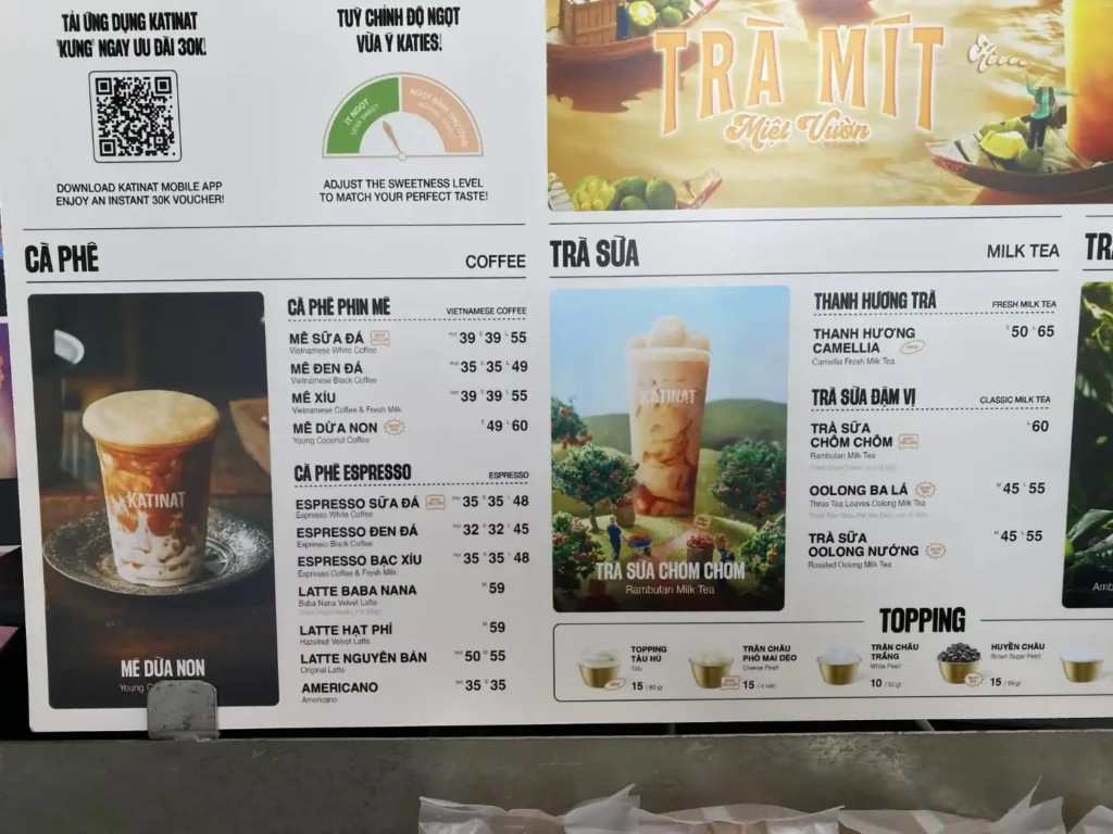 Menu quán Katinat Cộng Hoà