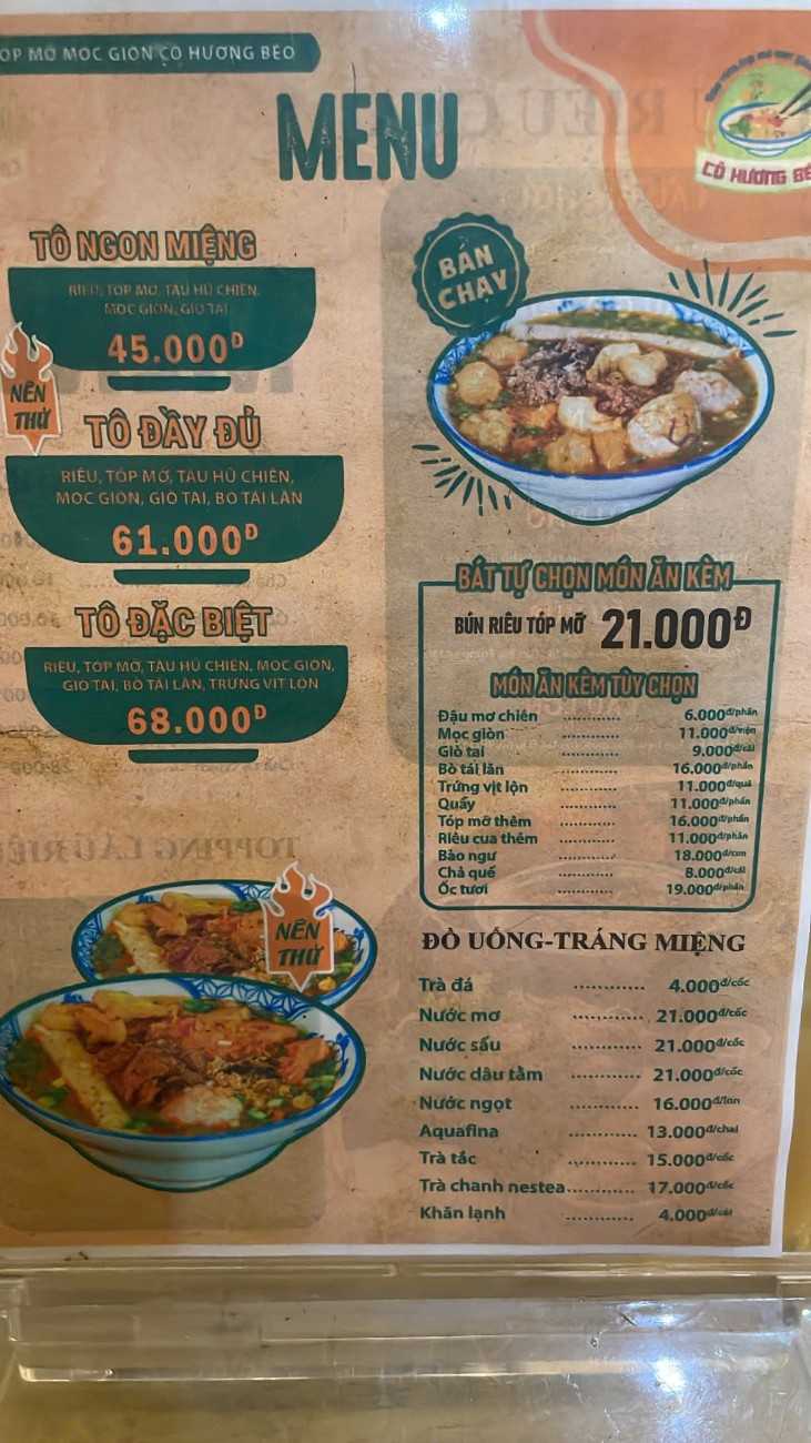 Bun Rieu Co Huong Beo Menu 2