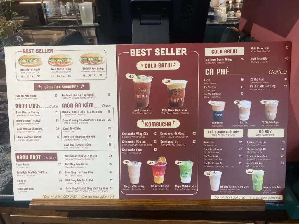 Menu tại quán cafe MAPIA