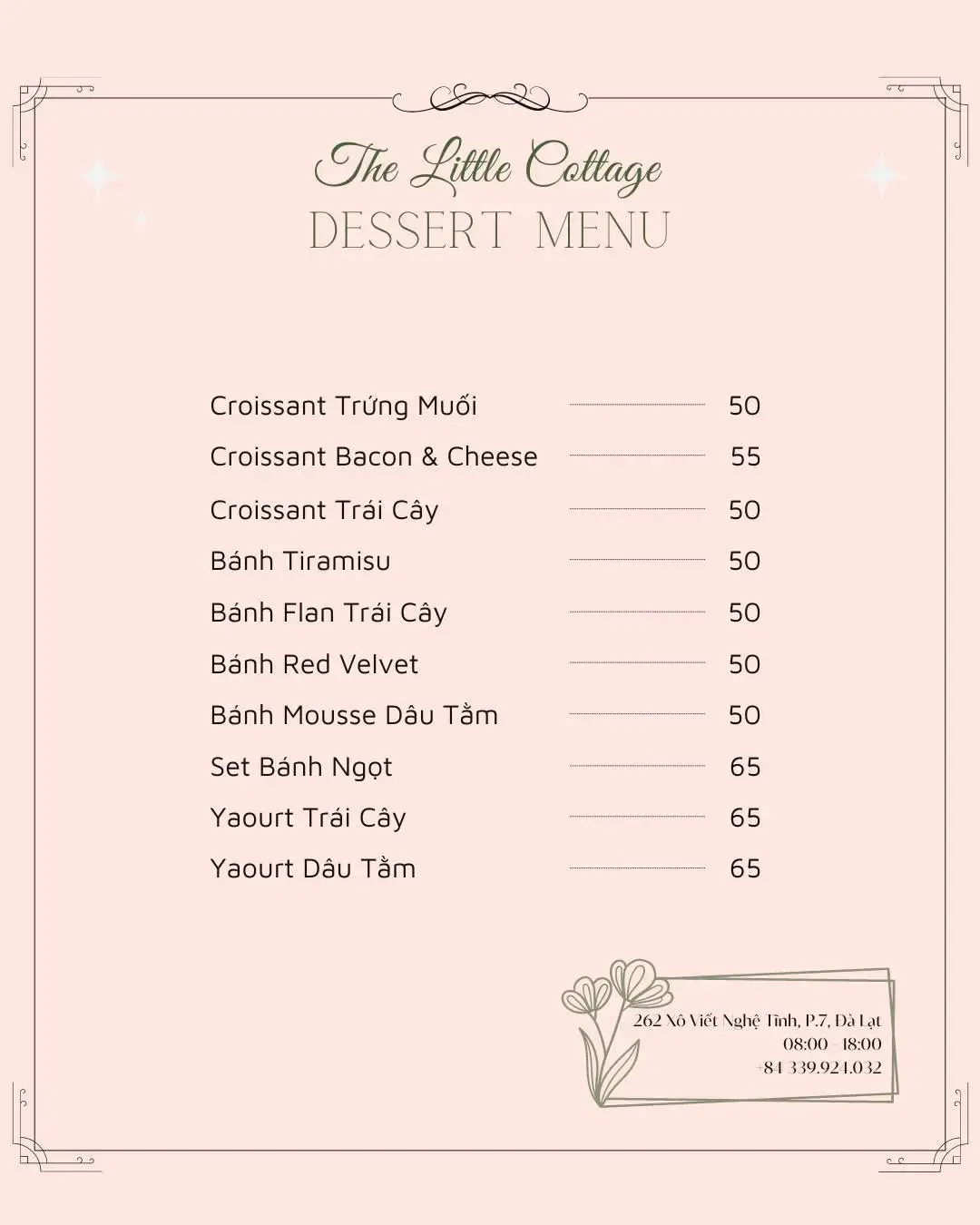 Dessert menu tại The Little Cottage Đà Lạt với croissant tiramisu flan và mousse