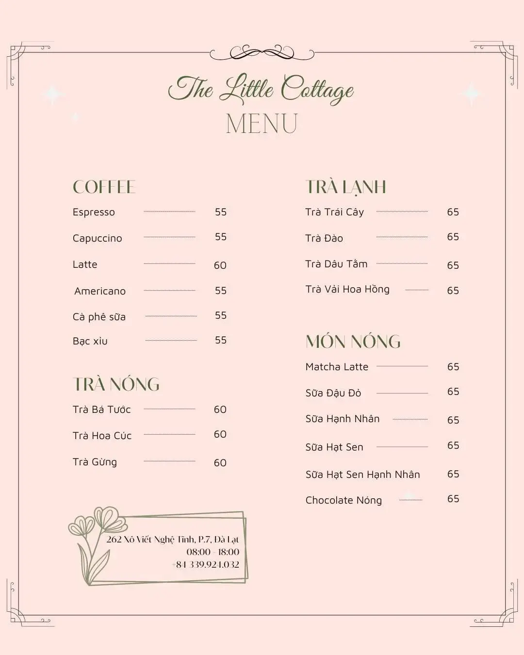 Menu cà phê trà và món nóng tại The Little Cottage Đà Lạt