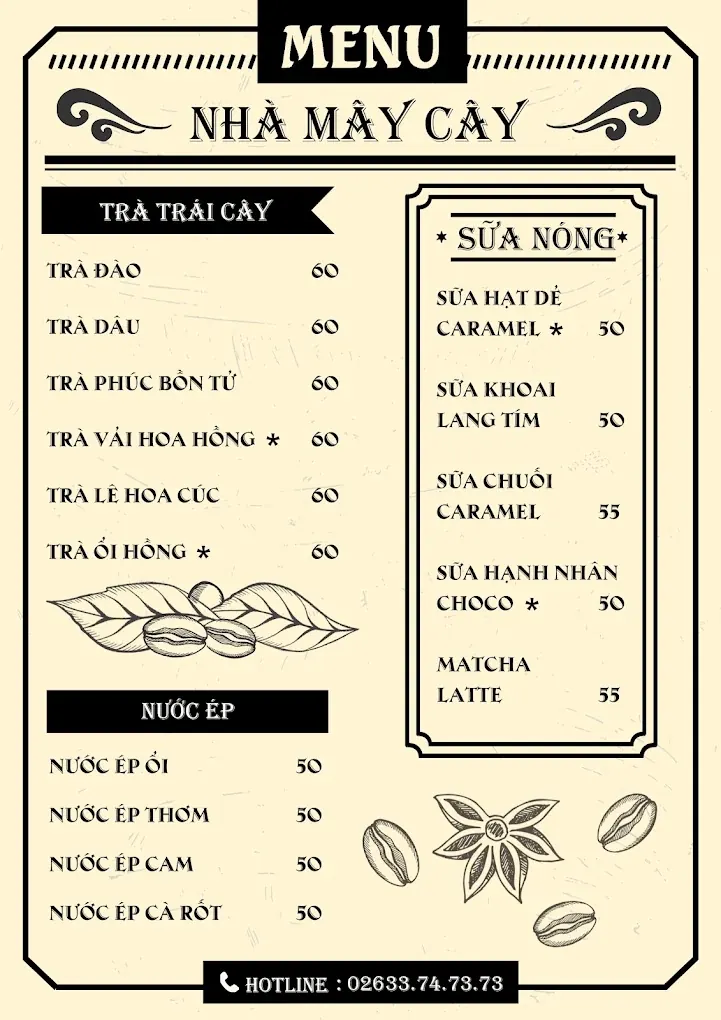 Menu đồ uống tại Tiệm cà phê bánh Nhà Mây Cây