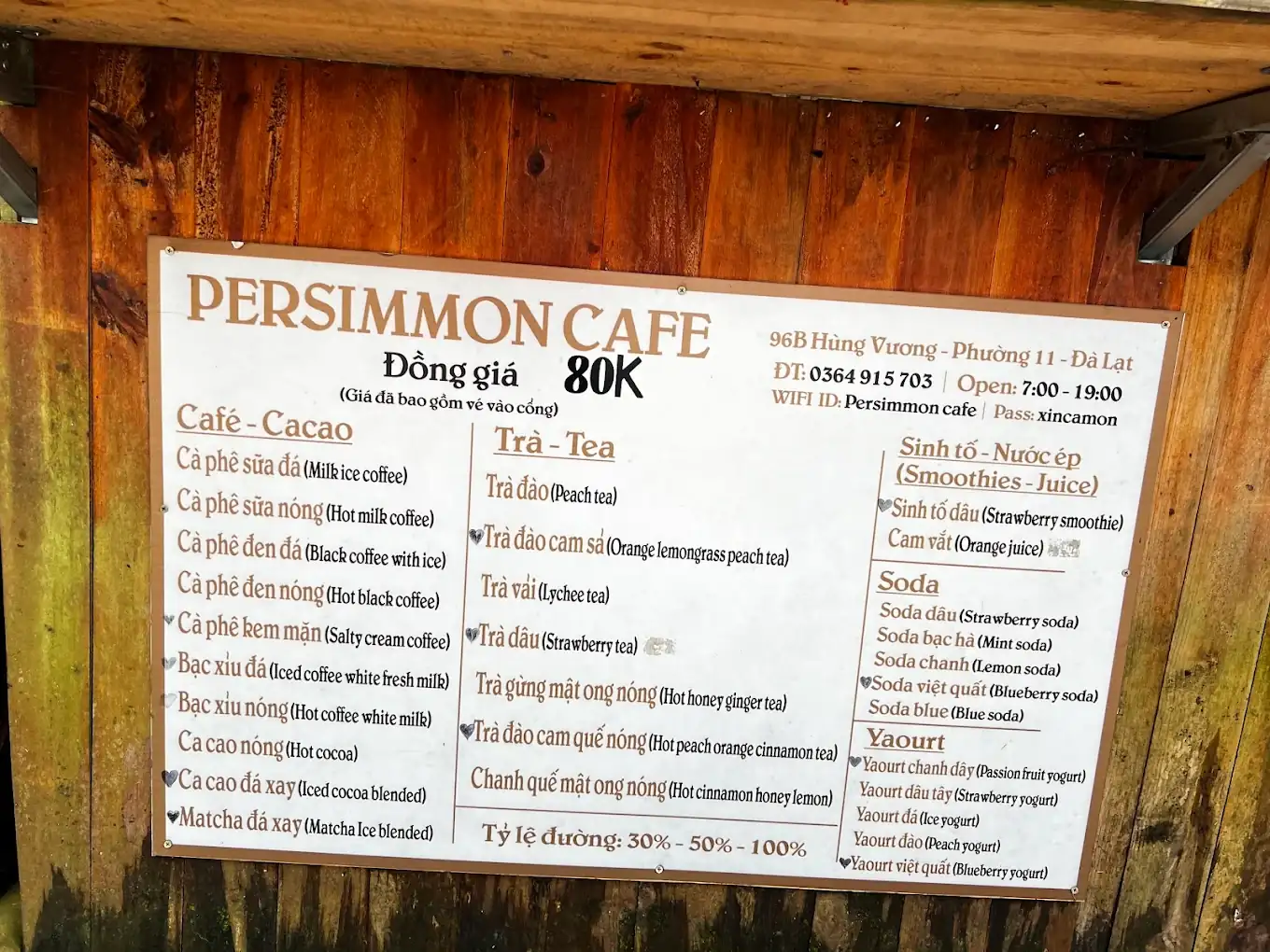 Menu Cafe Persimmon Đà Lạt đồng giá 80K với cà phê trà sinh tố soda và yaourt